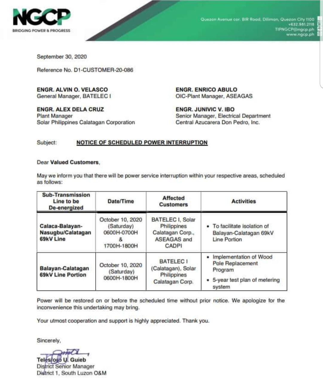 NOTICE OF SCHEDULED POWER INTERRUPTION