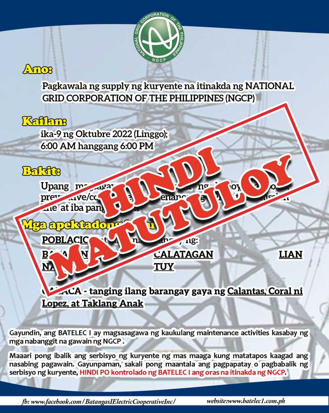 POWER INTERRUPTION: October 9, 2022 - CANCELLED