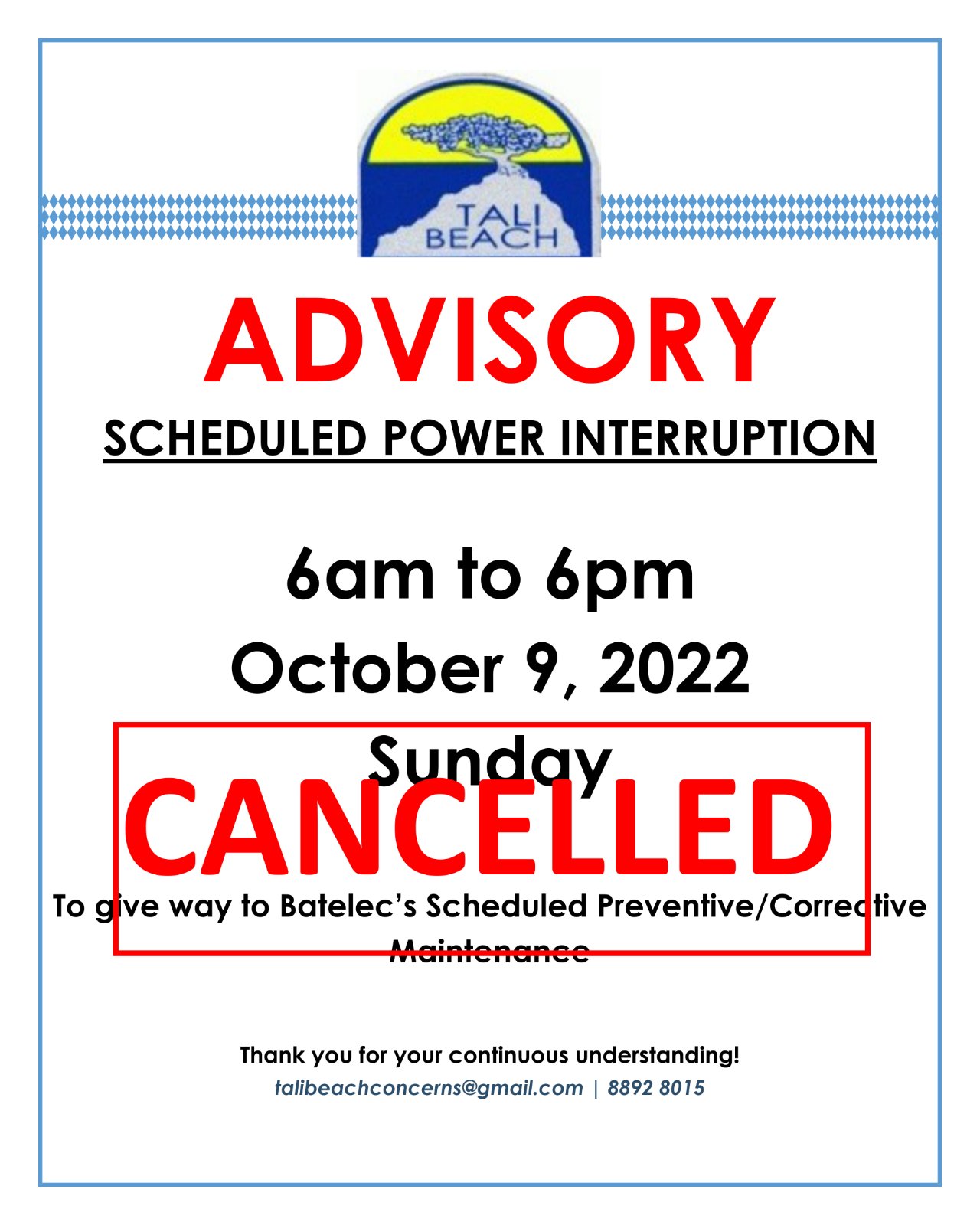 POWER INTERRUPTION: October 9, 2022 - CANCELLED