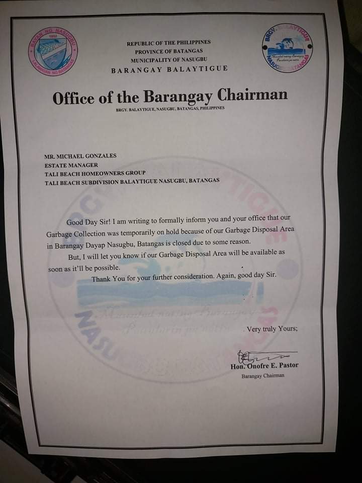 CHAIRMAN PASTOR NOTICE TO TALI RE GARBAGE